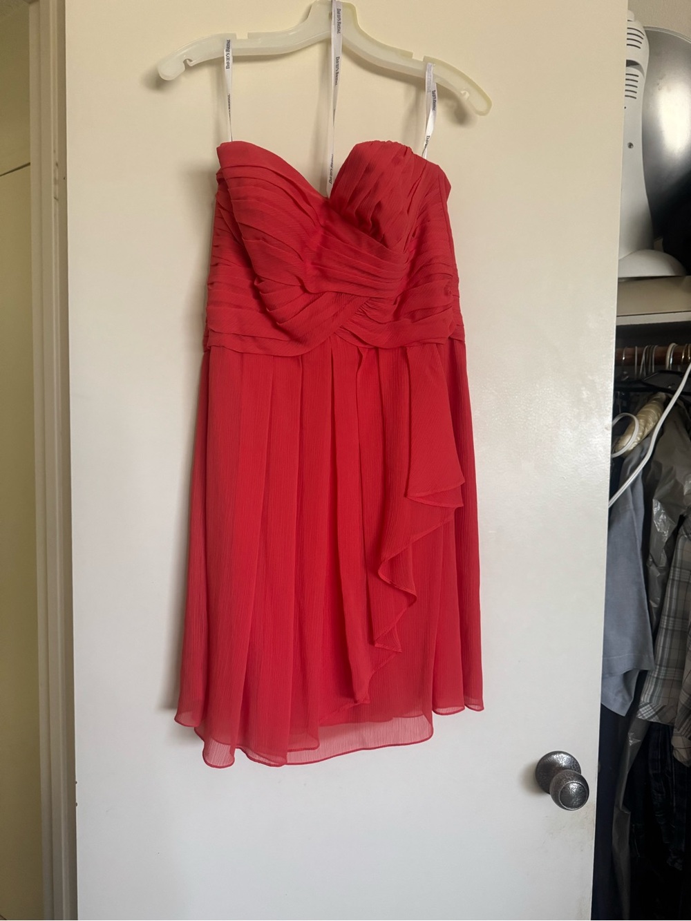 David’s Bridal bridesmaid Strapless Sweetheart Chiffon Dress in Coral